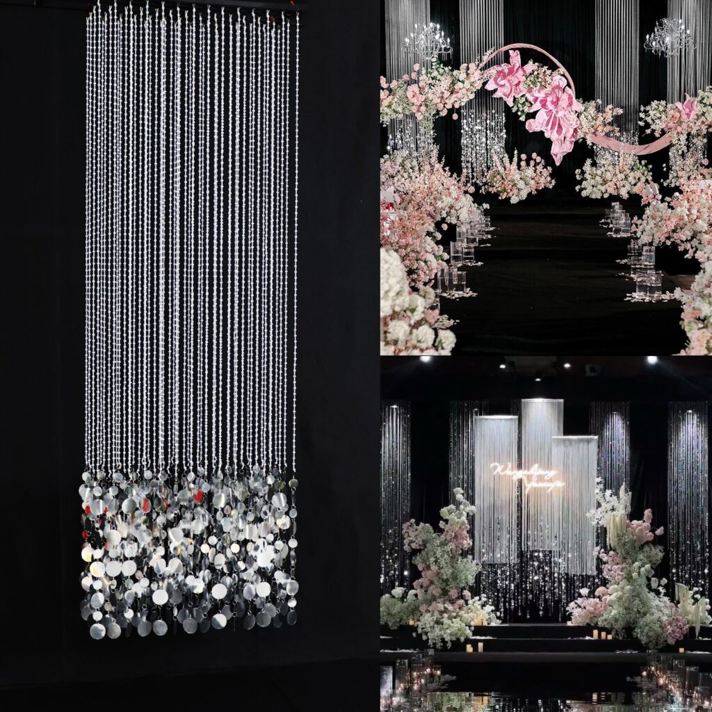 新款婚庆道具亚克力水晶珠帘银色亮片婚礼堂吊顶布置舞台背景挂件